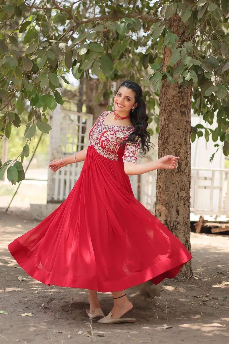 KA 1110 Red Faux Blooming Embroidery Designer Gown Wholesale Price